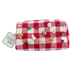 Christmas Red Gingham Travel Make Up Bag Lrg‎ Santa Reindeer Snowman Gingerbread